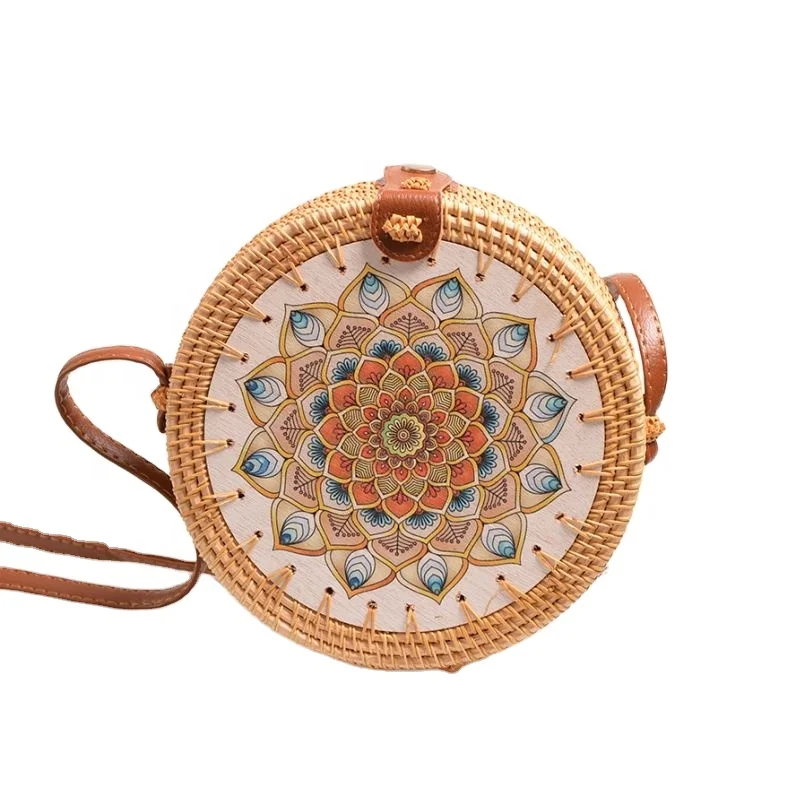 

Summer Beach Vintage Natural Round Cute Print Hand-woven Rattan Straw Bag