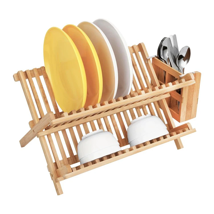 

Bamboo Folding 2-Tier Dish Drainer Rack Kitchen Dish Drying Racks With Utensils Spoon Holder
