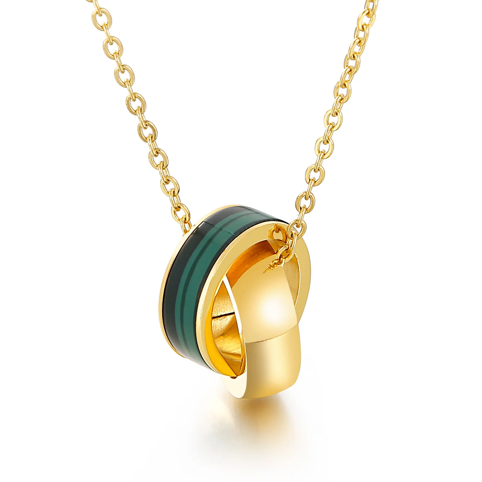 

High quality Inlaid Rhinestone Stainless Steel Double Ring Turquoise Pendant Necklace Women Jewelry, Gold/custom