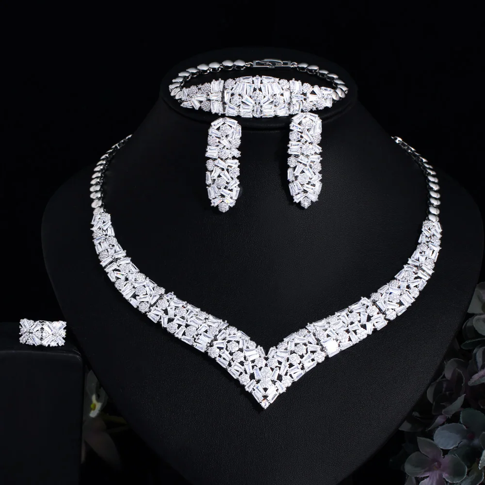 

4pcs Bright White Cubic Zirconia CZ Crystal Chunky Luxury Dubai Nigerian Wedding Bridal Jewelry Sets Women Costume Accessories