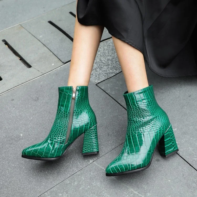 

Mirror Patent Leather Stone Print Pointed Toe Women Booties Side Zip High Chunky Heel Ladies Ankle Boots Pumps Shoes, Black, gold, red,yellow,green,blue, brown