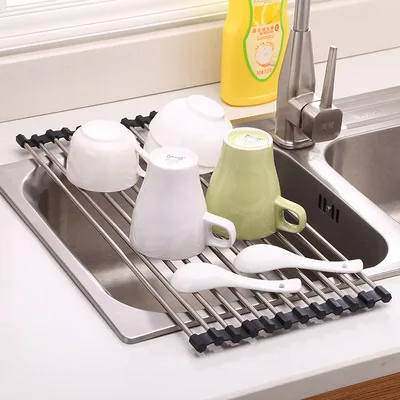 

Roll up Over Sink Dish Drying Rack Kitchen Utensils Holder Racks Dish Fruit Vegetable Drainer Storage Soap and Sponge