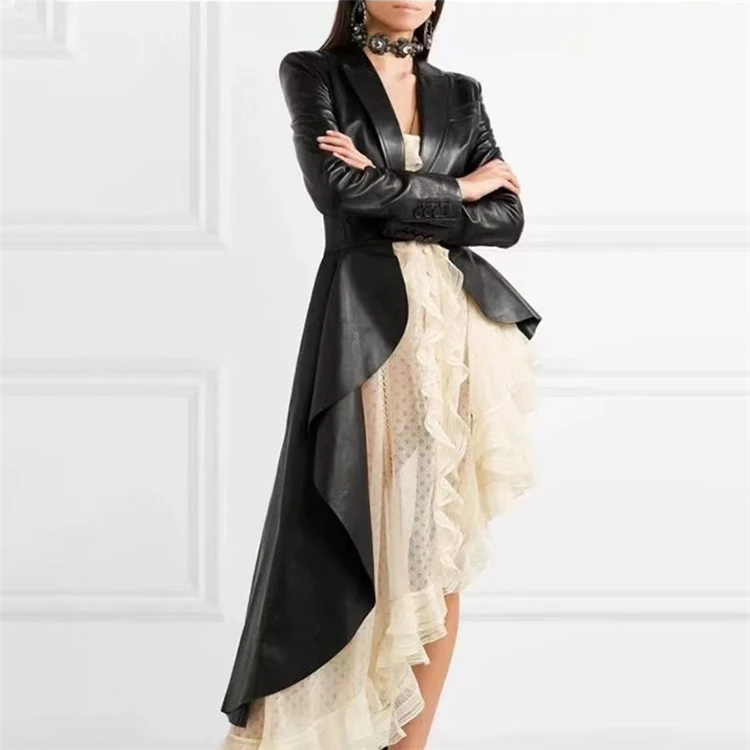 

2019 elegant tuxedo pu leather corset dress irregular black women jacket coat