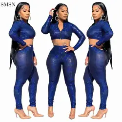New Style Blue Zipper Long Sleeves Skinny Sexy 2 Piece Crop Top And Pants Set Fall Women Two Piece Set