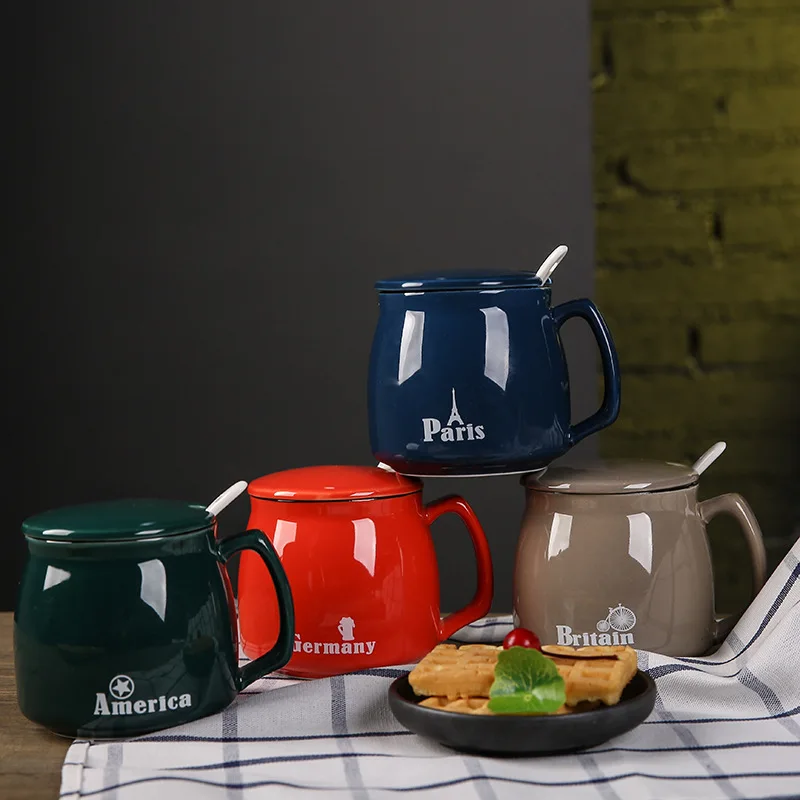 

New cup with Porcelain lid and Porcelain spoon ceramic creative coffee mug milk cup mug set company gift custom logo, Solid color