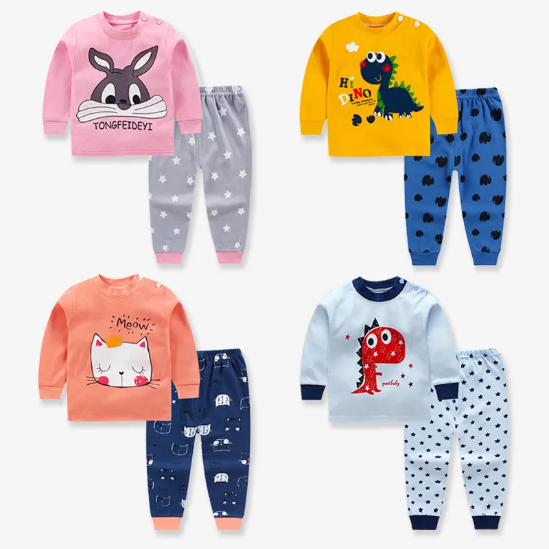 

2022 Children's 100% cotton long Johns suit cheap men's and women's pyjamas cartoon baby underwear two-piece set, Picture shows