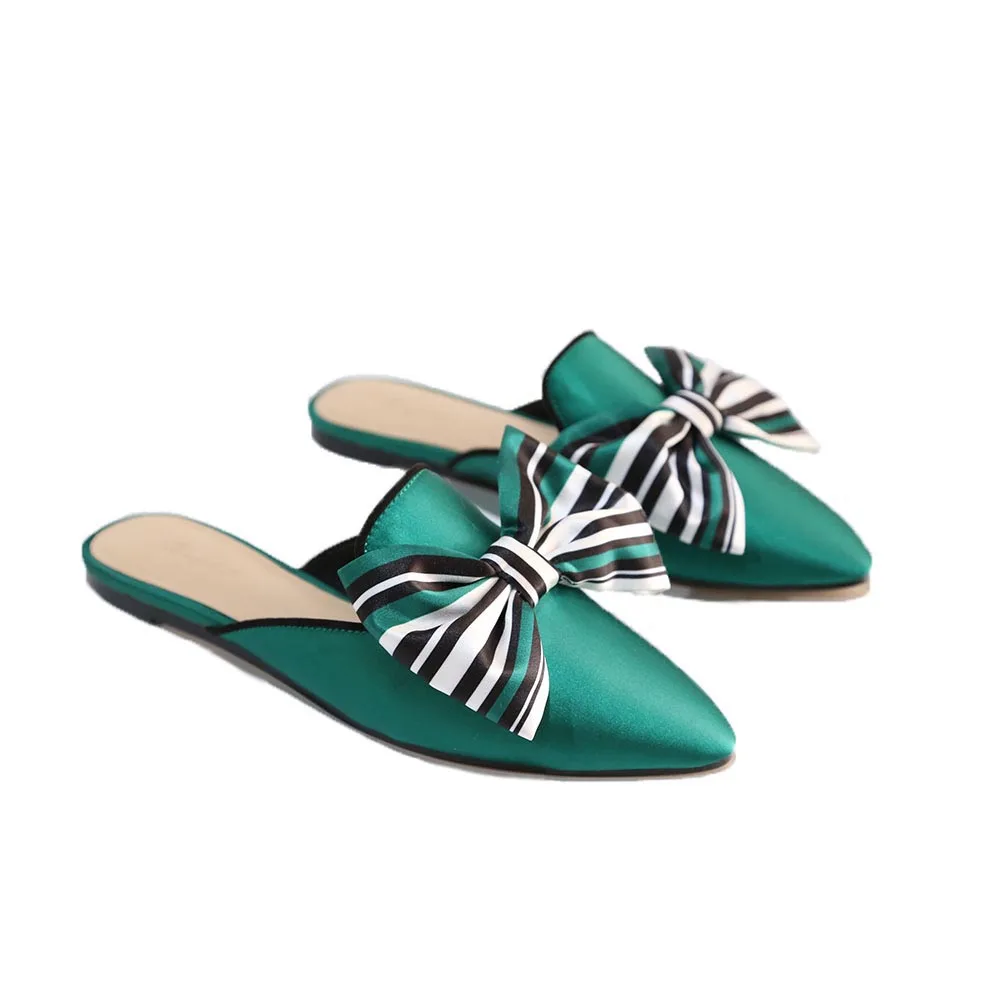 

High Quality Women Mules Slippers Shoes Closed Pointed Toe Bow Knot Backless Flat Slide Loafers Green, Customized color