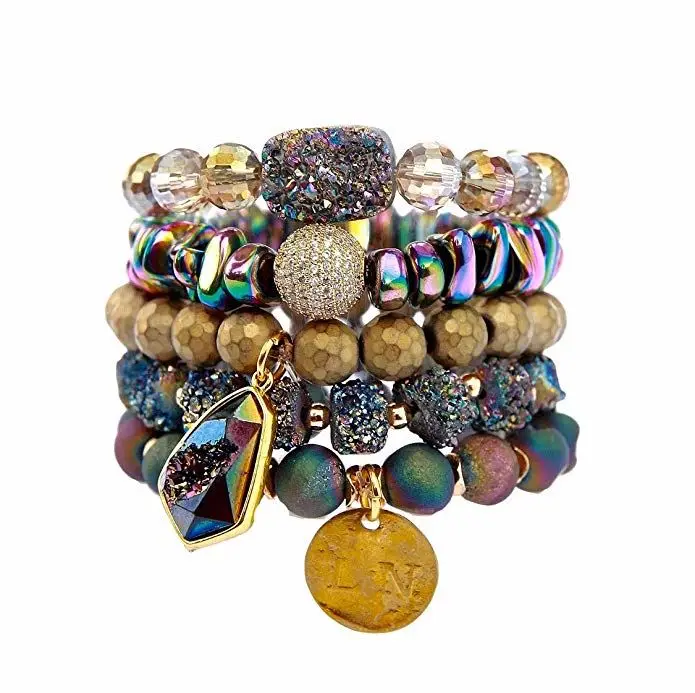 Chocolate Dalmation Sunstone Vitrail Bracelet Stack