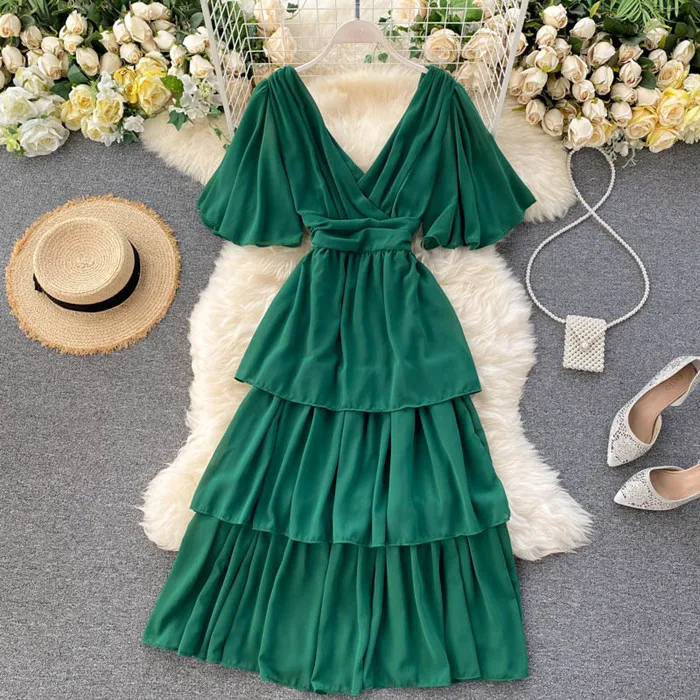 

LY255 Korean Chic Solid Color Multi layer Short Sleeve Chiffon Dress Women Casual Dresses Vestido Clothing