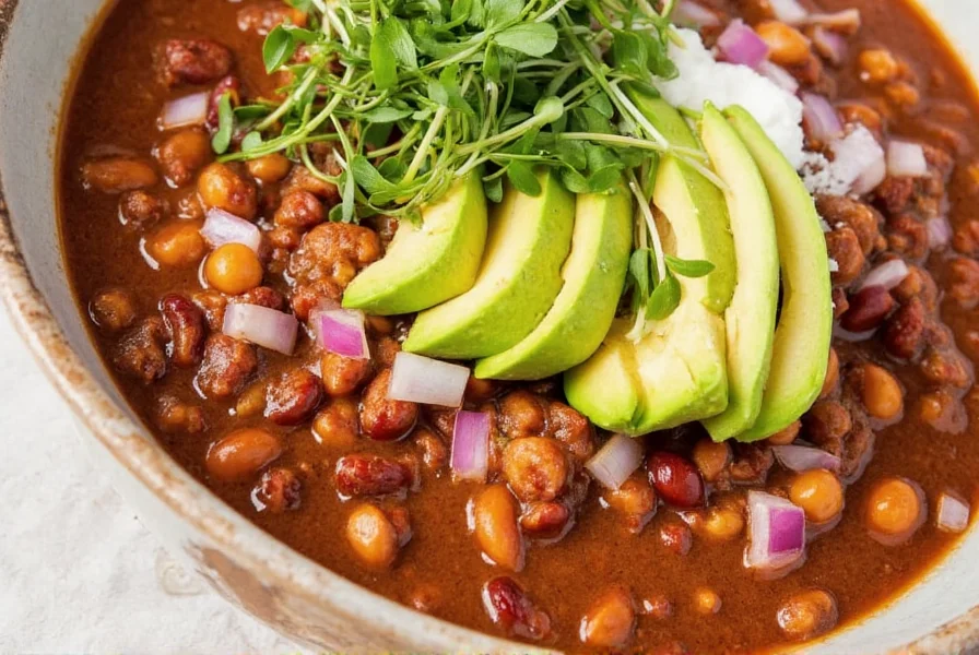 Gourmet chili bowl with avocado slices, pickled onions, and microgreens