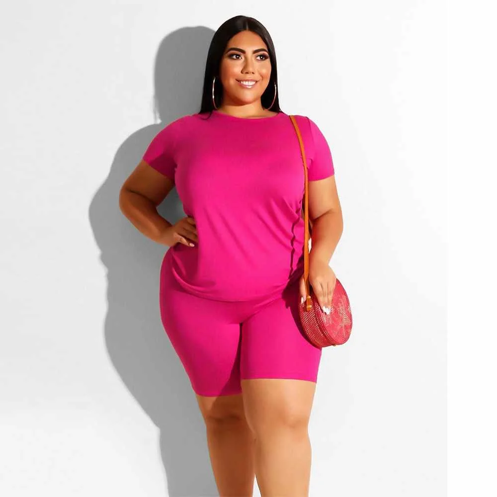 

Hot Sale Solid Color Custom Skinny Short Sleeve Two Piece Short Sets Plus Size, 7 colors