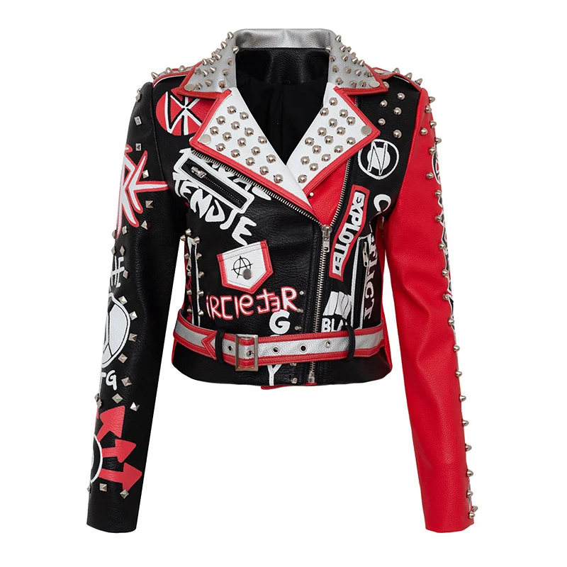 

MT-26980 Wholesale Women's Turn Down Collar Cropped Graffiti Print Studded Red PU Faux Leather Jacket, As the picture