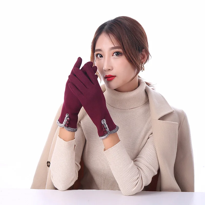 

New Female Autumn Winter Non-Inverted Velvet Cashmere Full Finger Warm Lace Gloves Women Cotton Touch Screen Gloves, 5 colors available