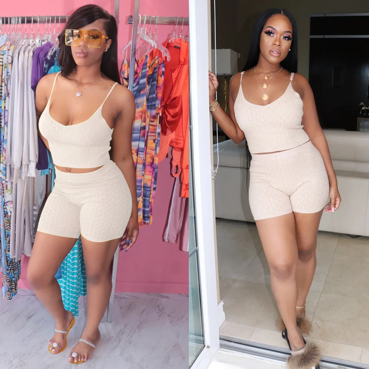 

H6189 - Shorts And Crop Top Casual Sweater Sleeveless Solid Womans Short Pants Two Piece