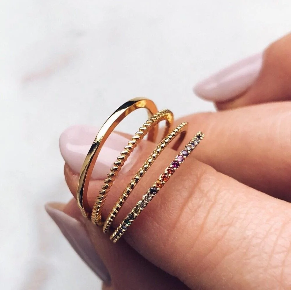 gold plated fashion women female jewelry set of 4 pcs thin cz engagement band ring