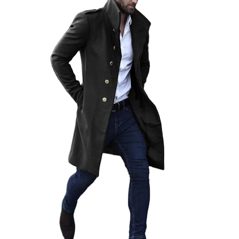 

Fashion Men's Trench Coat Winter Warm Solid Long Wool Jacket Male Single Breasted Business Overcoat
