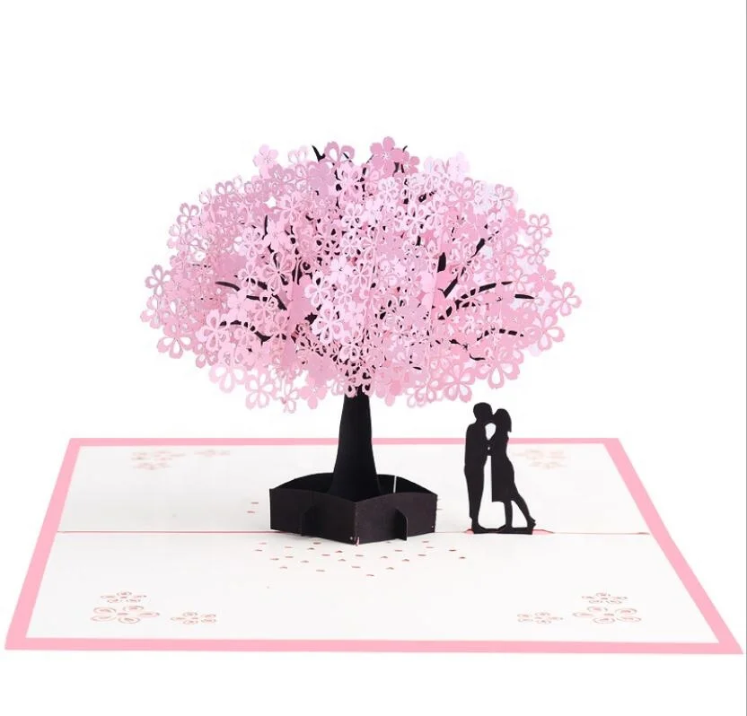 

3D Pop Up Greeting Cards Romantic Cherry Tree Loveers for Wedding Valentine Anniversary Easter Birthday Festival Party