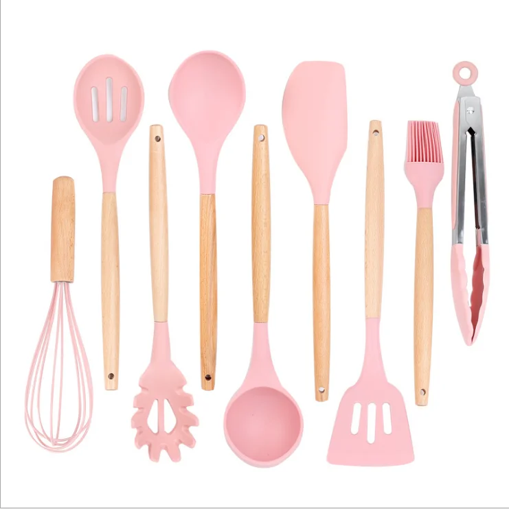 

wooden handle silicone kitchenware 12 pcs set cooking spatula juego de utensilios de cocina en aluminio pesado ollas y sartenes, Dark gray, green, red, purple, pink, light green