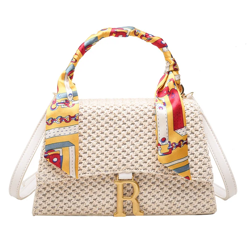 

2021 trendy summer fashion designer bag luxury brand weave women hand bag with silk scarf