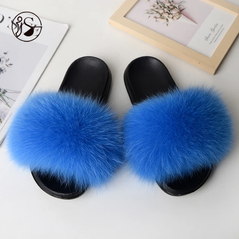 

Women fox fur slippers Colorful ladies fox fur slippers fluffy fashion lady fox slipper custom slides, Picture