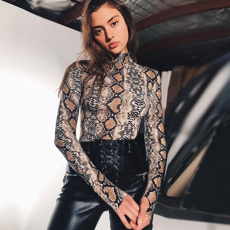 

2021 snake skin grain print long sleeve high neck bodysuits autumn women street fashion sexy snakeskin bodysuit