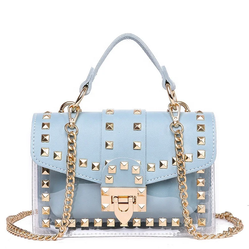 

Rivet Jelly Bag New Pvc Transparent Chain Small Square Bag Women's Shoulder Handbag, As picture