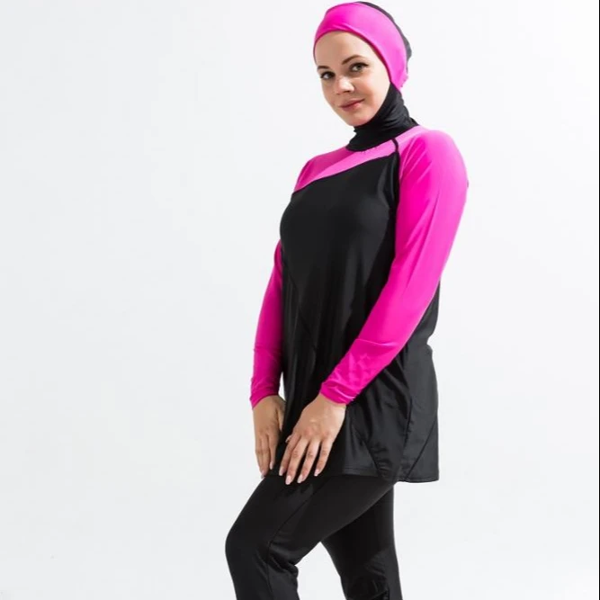 

MOTIVE FORCE Hijab Hooded Top + Plain Pants 2pcs/set Solid Color Patchwork Full Cover Up Women Muslim Swimwear