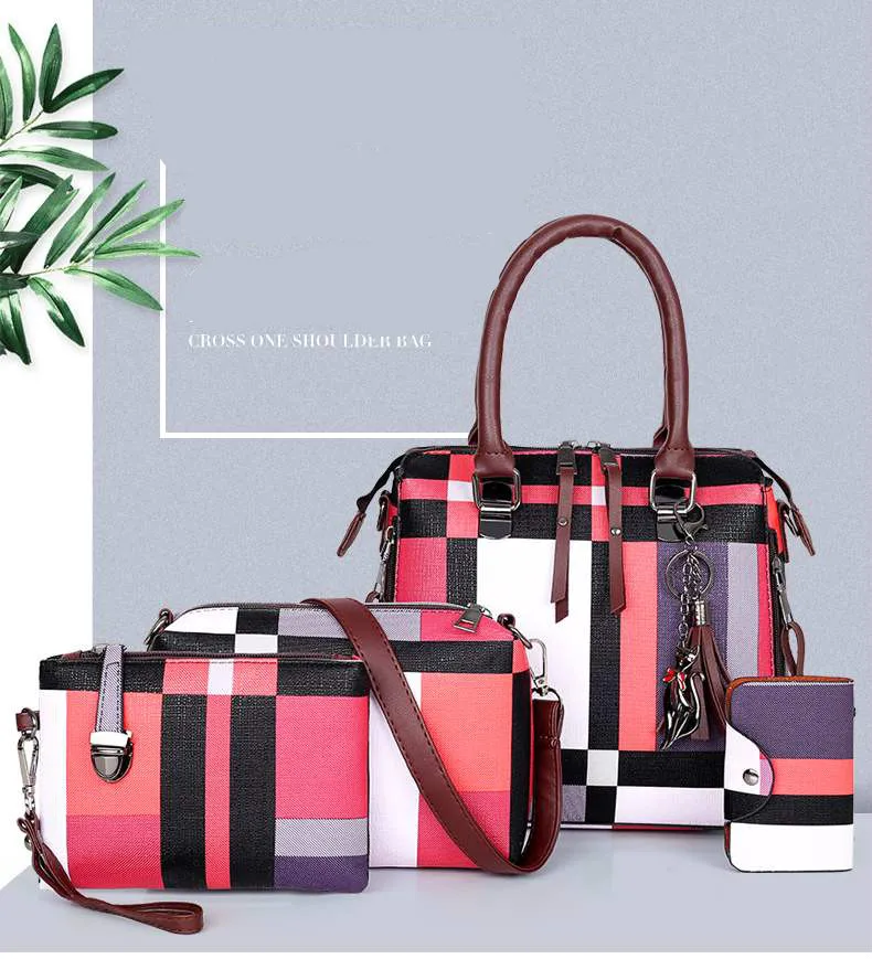 2020 Cheap Price New lady women shoulder bag grid constrant color 4 pieces pu handbag set