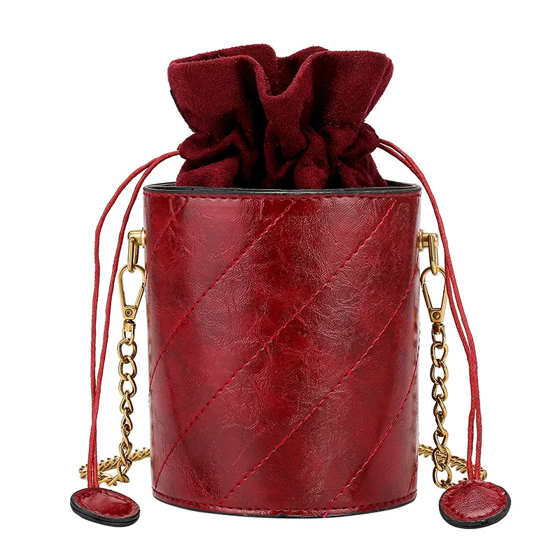 

New Fashion Pure Color High Quality Leather Bucket Shape Metal Chain Women Shoulder Bag, Green/black/red