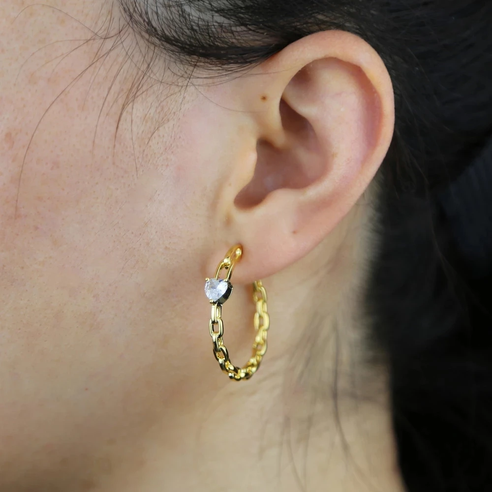 

Fashion Jewelry Cuban Link Chain Band Circle Hoop Earring Simple Single Heart Square Cubic Zirconia Geometric Earrings, Gold