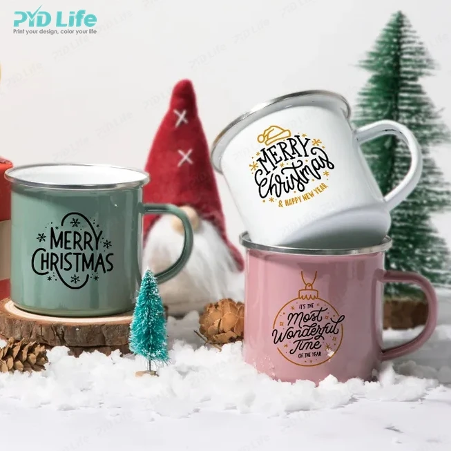 

PYD Life Wholesale Sublimation Enamel Mug Custom Printed Coffee Mugs Christmas Enamel Travel Camping Mug with Logo