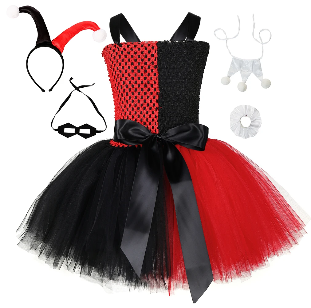 

Unique High Quality Clown Cosplay Costume Clothes Halloween Red Black Party Tulle Girl Dress