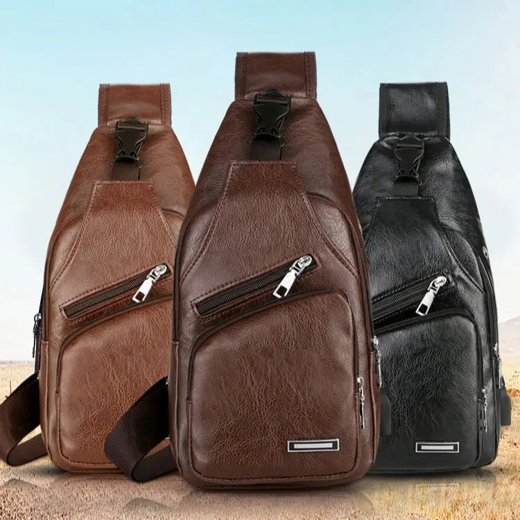 

New Arrival Cross-Border PU Leather Shoulder Bag Men USB Charging Mens Chest Bag Diagonal Package Messenger Bag, Black, dark brown, light brown