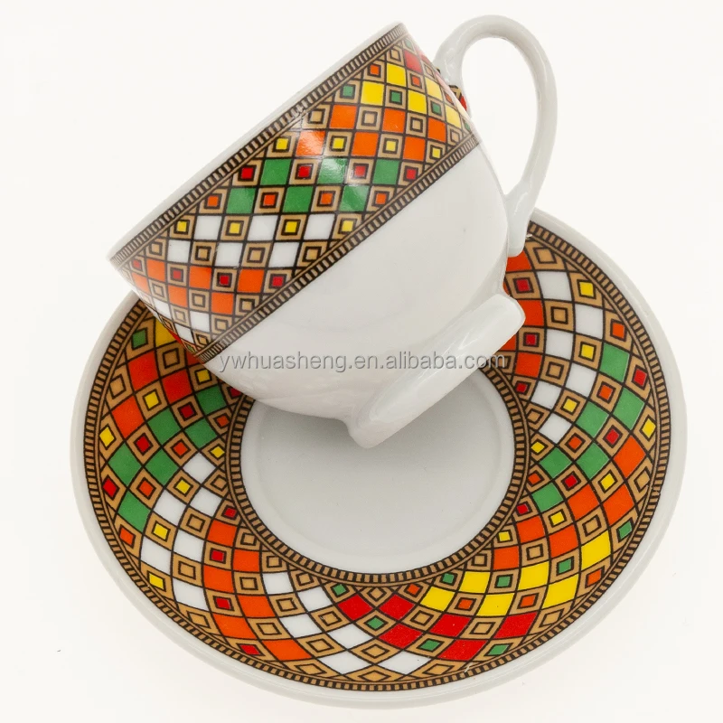 

Ethiopian Traditional Art Eritrean Coffee Cup Set 85ml Fine Porcelain 6 Cup 6 Saucer, Customized