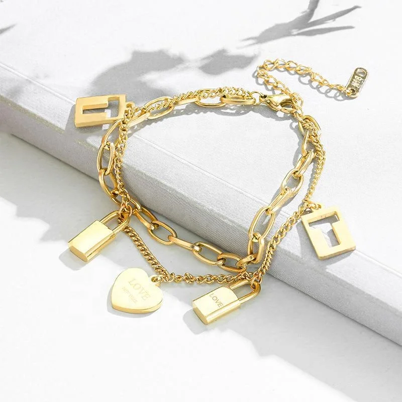 

Factory Double Layer Gold Plated Bracelets & Bangles Stainless Steel Bracelet Lock Heart Charms Jewelry Adjustable Bracelet