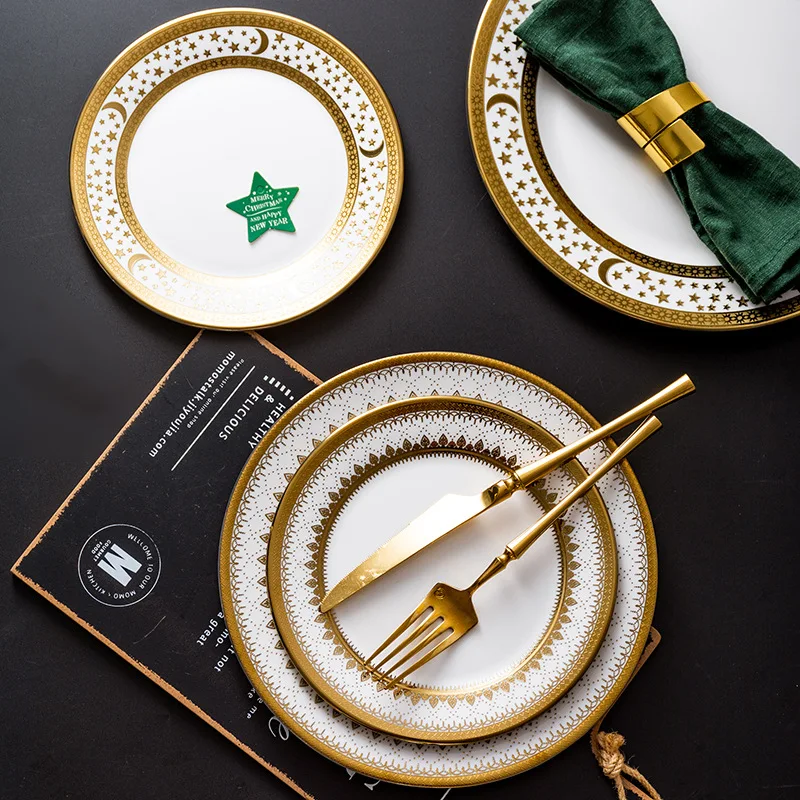 

Luxury Golden Steak European Golden Bone Porcelain Western Plate Royal Cutlery Set China Ceramic Disk Model Room Tableware, White