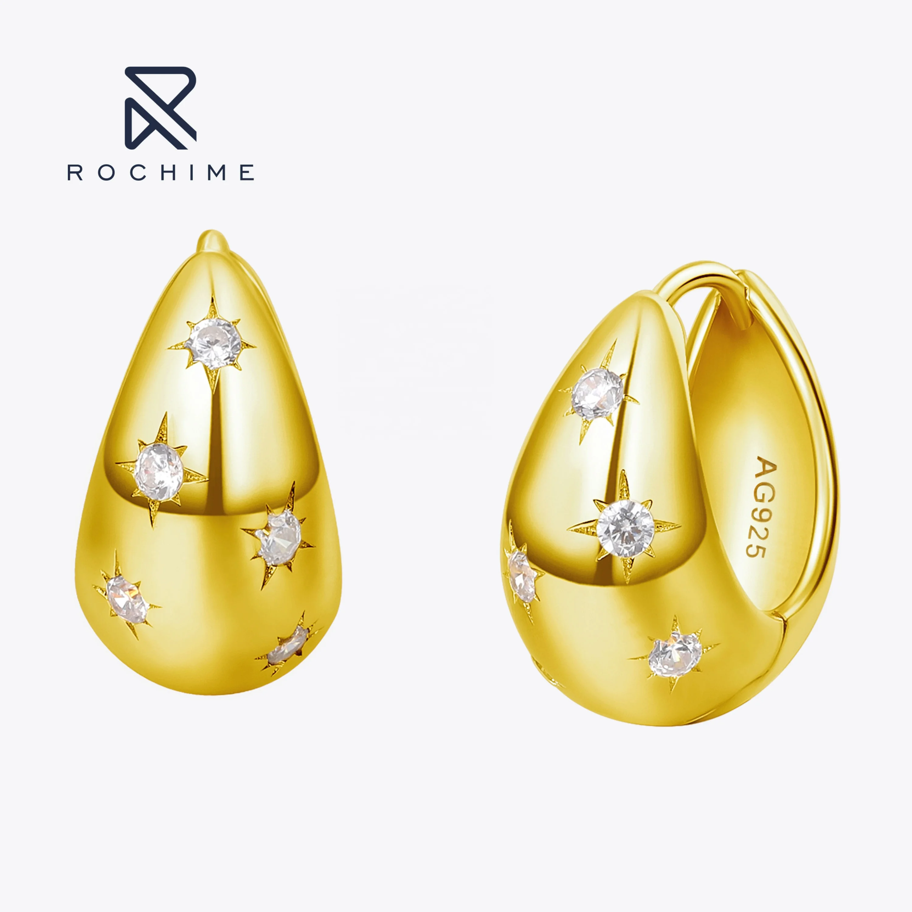Rochime Ins Starry Water Drop Earrings  925 Sterling Silver Gold Plated Zirconia Fine Jewelry for Women