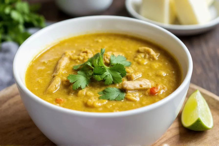 Homemade chicken green chili soup in white ceramic bowl with fresh cilantro garnish, creamy texture visible, steam rising, served with lime wedge