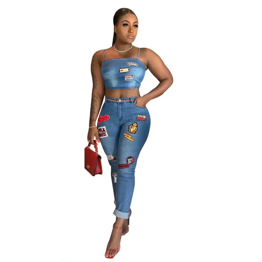 

2020 new arrivals summer designs fashion trending women denim two pieces crop top with full length pants set for ladies