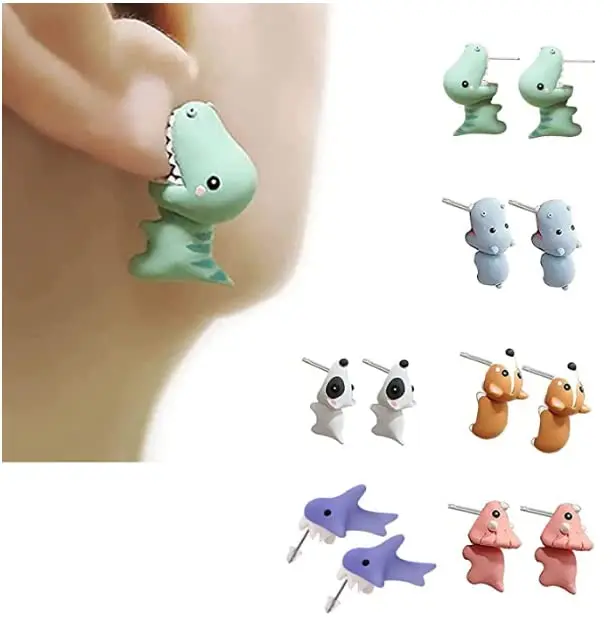 

Cute Animal Bite Dinosaur Shark Earrings 3D Cartoon Piercing Earrings Handmade Polymer Clay Stud Earrings Women