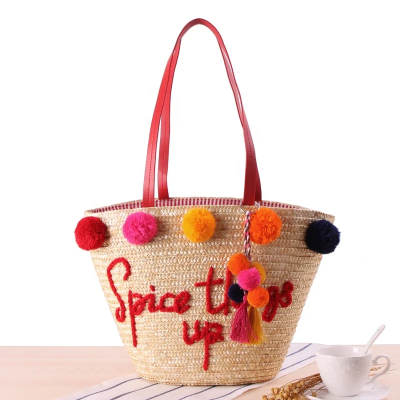 

Hot selling embroidery summer beach straw bag large tote bucket handbags with pom pom, Customerized