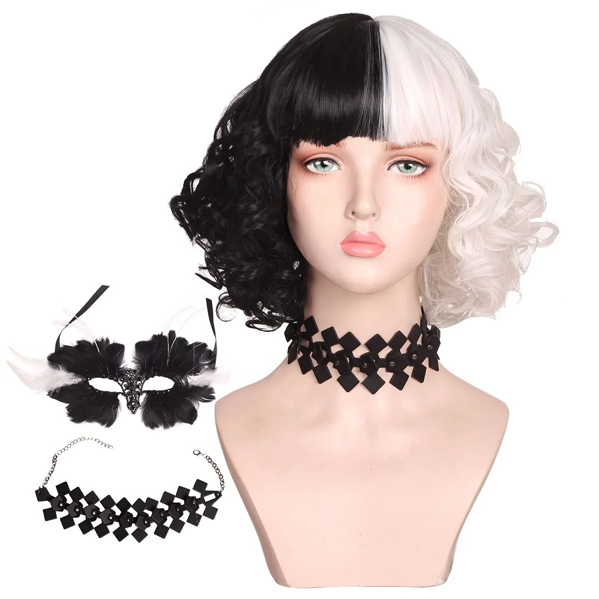 

Halloween Party Wigs Women Short Half White Black Synthetic Curly Hair Wigs Cruella de Vil Cosplay Costume Wig, Half black white