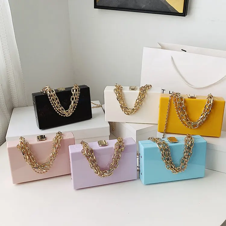 

2021 new acrylic candy color fashion dinner handbag chain shoulder messenger bag small square box hand bags for women, White, yellow, purple, blue, black, pink