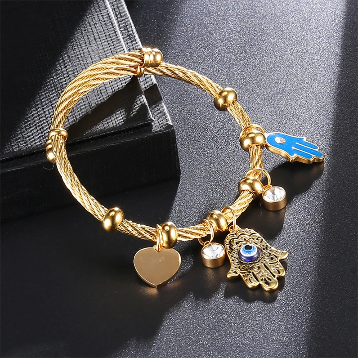 

Wholesale Stainless Steel Wire Inlaid Zircon Adjustable Bracelet Heart Hand Charm Bracelet Devil Eye Bracelet for Unisex, Picture shows