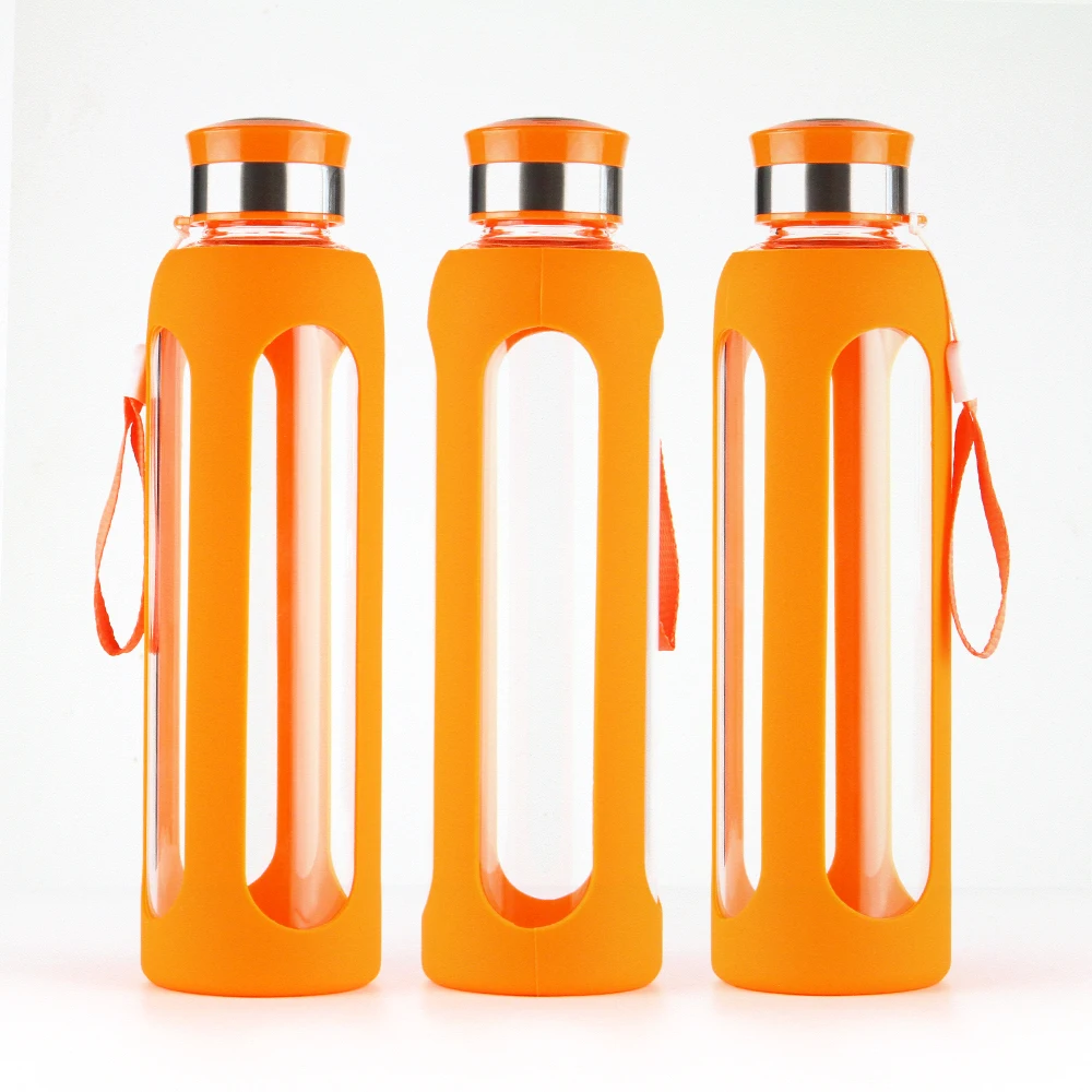 

Portable borosilicate single wall glass water bottle with silicon sleeve customized glass bottle water, Customized color