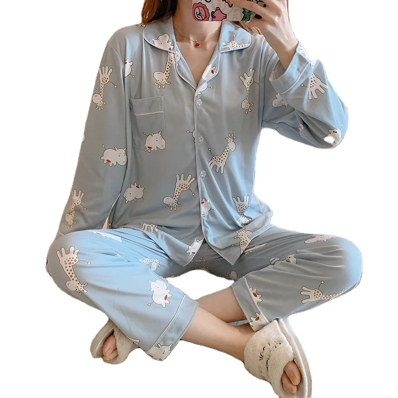 

Women's pajamas long sleeve cartoon women's pajamas knitted cotton version of sweet summer thin home sweats