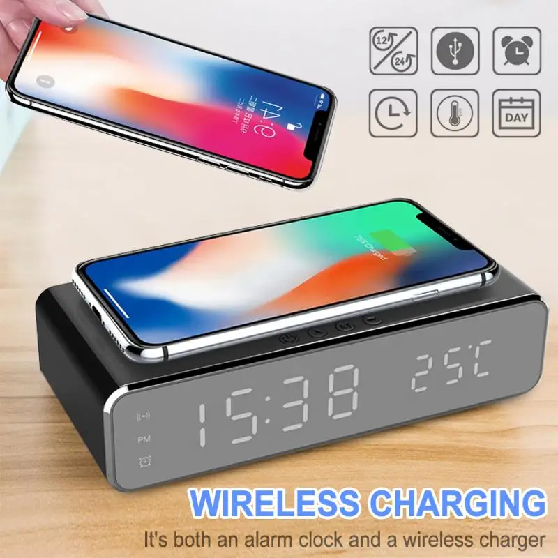 

2020 new arrival LED Electric Alarm Clock Digital Thermometer Clock HD Mirror Clock with Phone Wireless Charger and Date, Silver