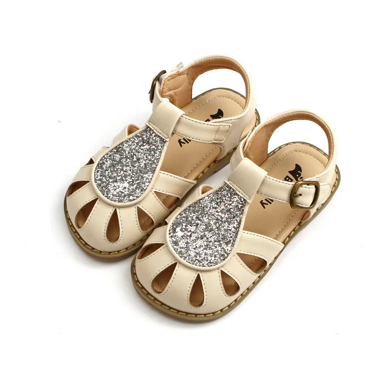 

2022 New style vintage style closed toe children fashion sequin soft leather kids summer shoes for girls, Brown/beige