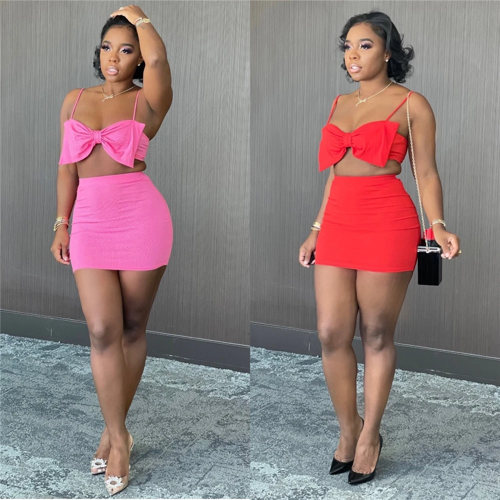 

EB-20022704 Ladies Dresses Summer Halter Crop Top Sexy Women Clothing Plus Size Dresses Two Pieces Party Girls Mini Dresses