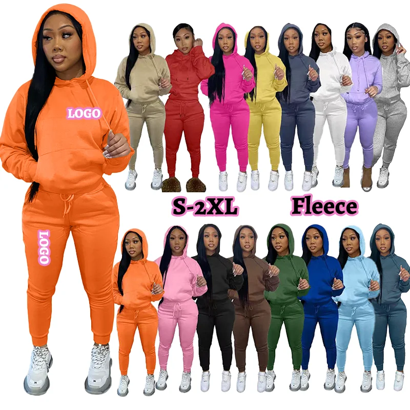 2022 Spring Custom Logo 2 Pc Hoodie Set Women Clothing Winter 2 Piece Set For Women Solid Crop Top Two Piece Sweat Pants Set